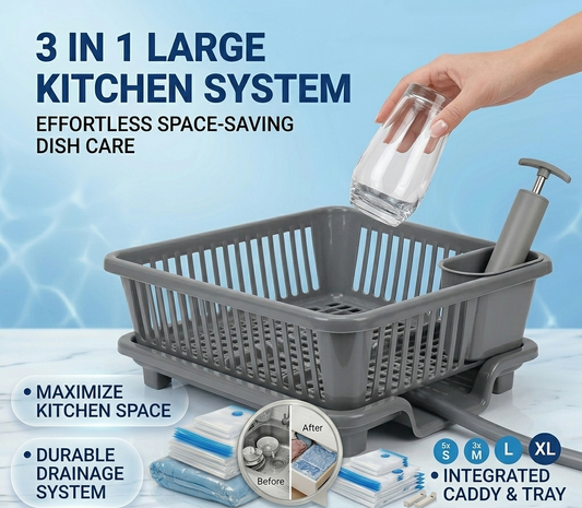 3 In 1 Large Plastic Kitchen Sink Dish Rack Drainer Durable Space-Saving Organizer