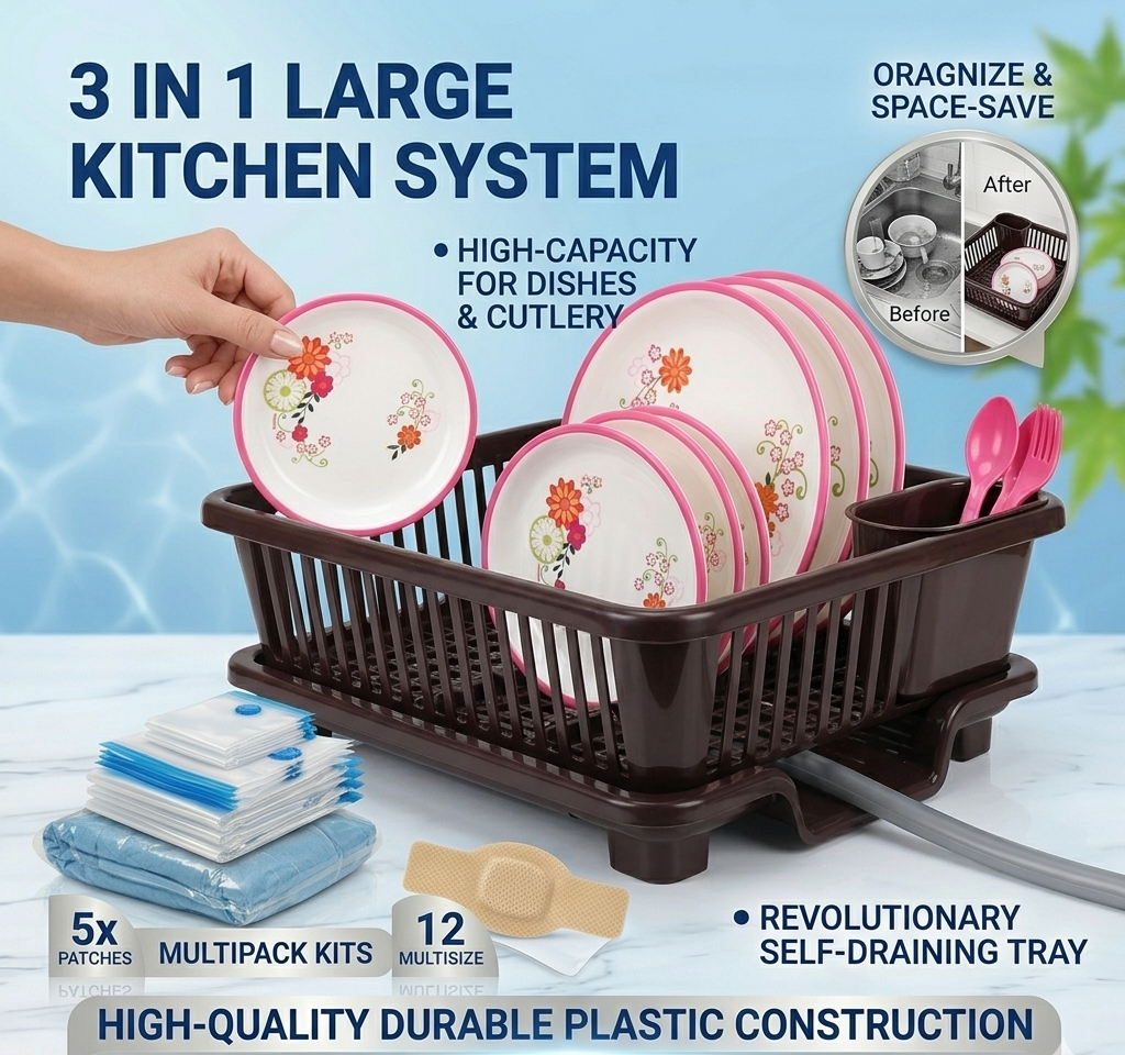 3 In 1 Large Plastic Kitchen Sink Dish Rack Drainer Durable Space-Saving Organizer