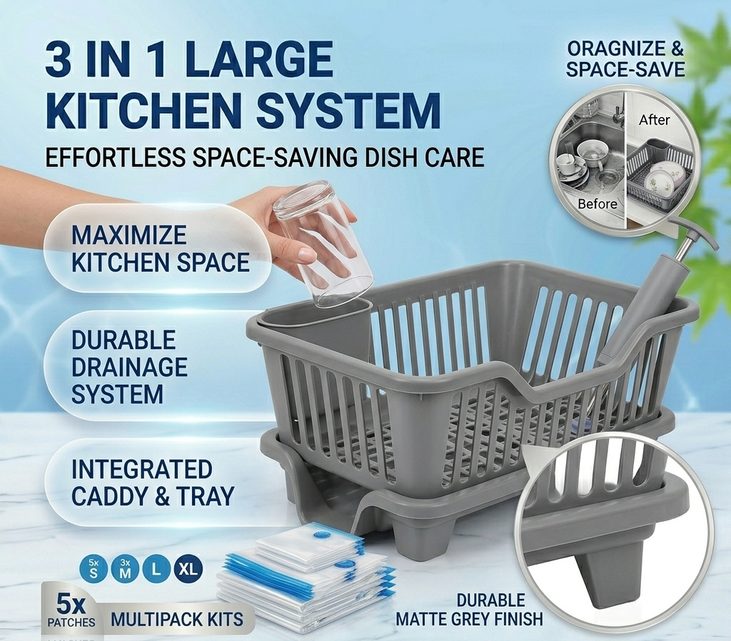 3 In 1 Large Plastic Kitchen Sink Dish Rack Drainer Durable Space-Saving Organizer