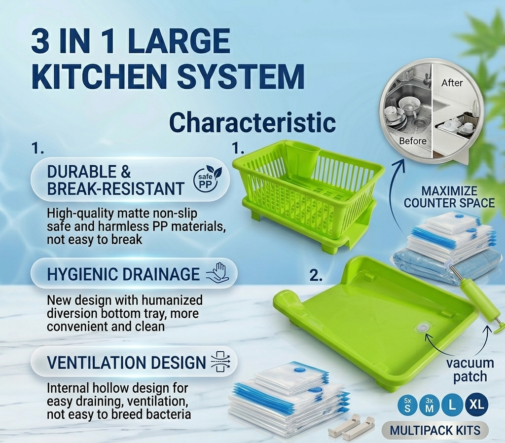 3 In 1 Large Plastic Kitchen Sink Dish Rack Drainer Durable Space-Saving Organizer
