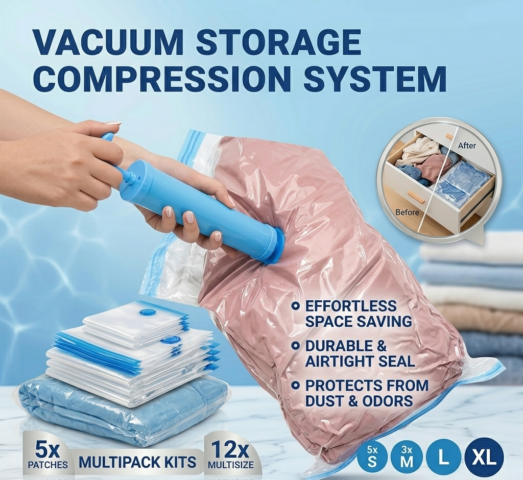 Ultimate Space-Saver:  5 Vacuum Compression Bags + Portable Travel Pump Kit