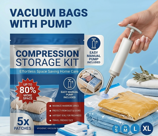 Ultimate Space-Saver:  5 Vacuum Compression Bags + Portable Travel Pump Kit