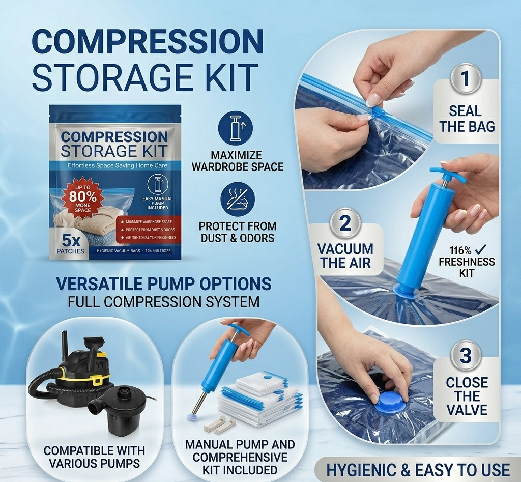 Ultimate Space-Saver:  5 Vacuum Compression Bags + Portable Travel Pump Kit
