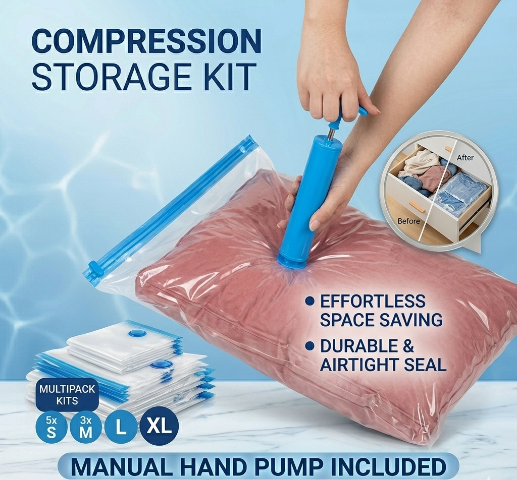 Ultimate Space-Saver:  5 Vacuum Compression Bags + Portable Travel Pump Kit