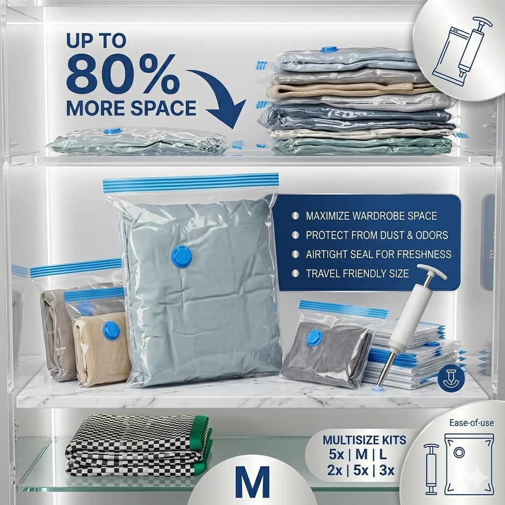 Ultimate Space-Saver:  5 Vacuum Compression Bags + Portable Travel Pump Kit